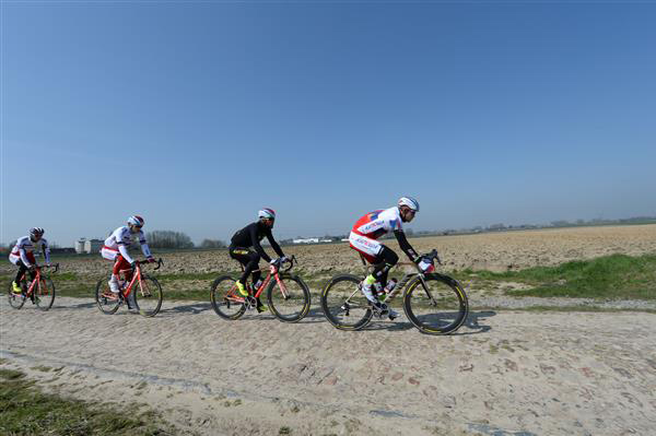 Katusha riders Alexander Kristoff and LKuca Paolini on the Orchies stones