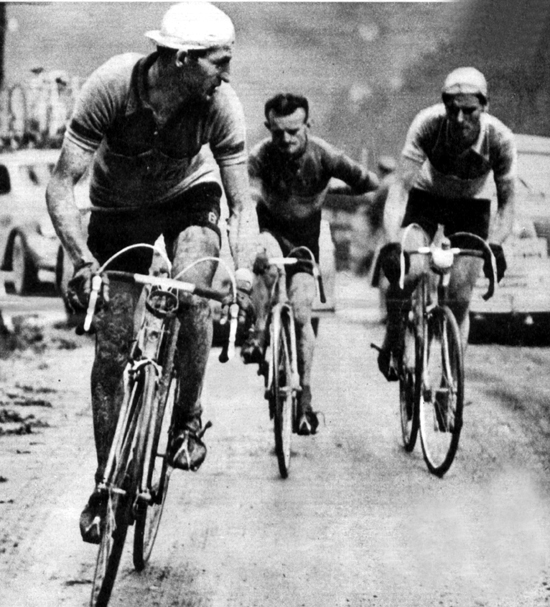 Bartali leads Robic and Koblet on the Pordoi in the 1950 Giro