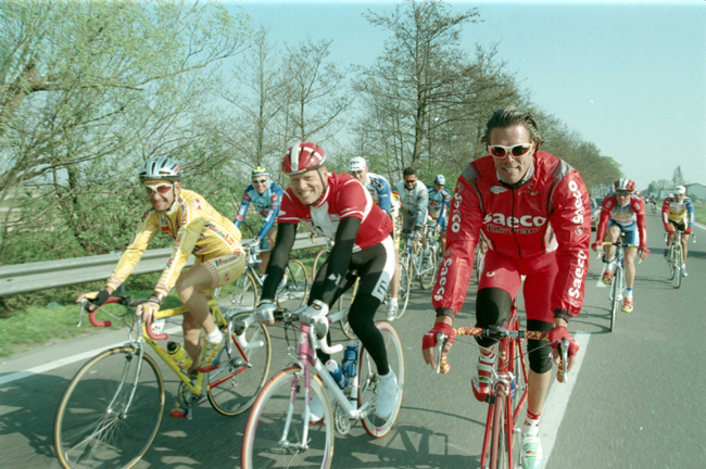 Cipollini riding 1997 Milano-San Remo with Bjarne Riis and Marco Pantani