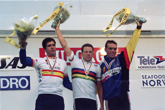 Indriain on the podium of the 1993 World Championships with Lance Armstrong and Olaf Ludwig