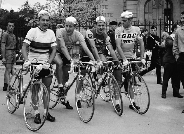 Stablinski,anqueti, poulidot and van looy before thes tart of the 1963 Tour de Francel