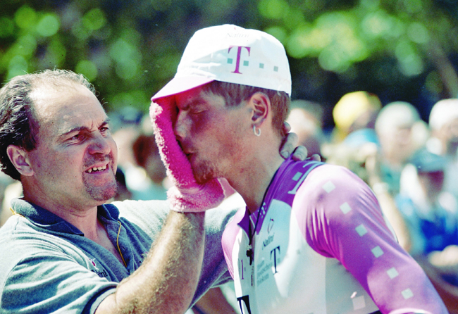 Ullrich gets cleaned up after stage 20 of the 1996 Tour